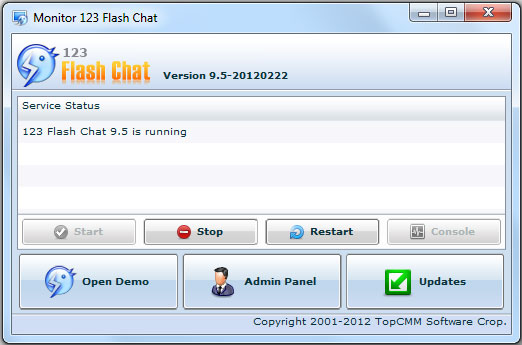 Service Monitor Panel of 123 Flash Chat, Chat Software
