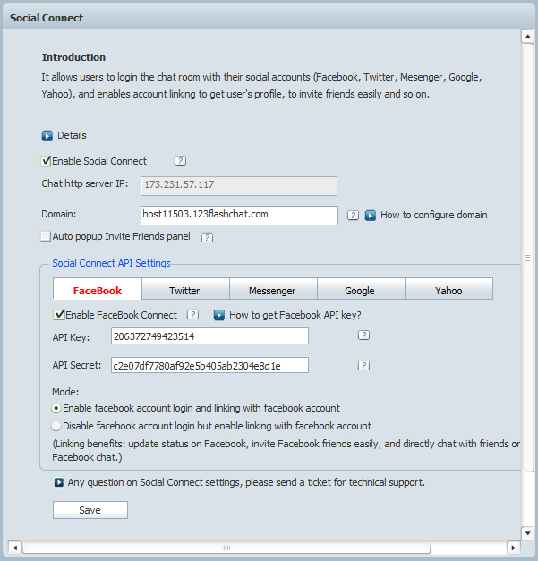 Social Connect Settings in Admin Panel of 123 Flash Chat, Chat Software